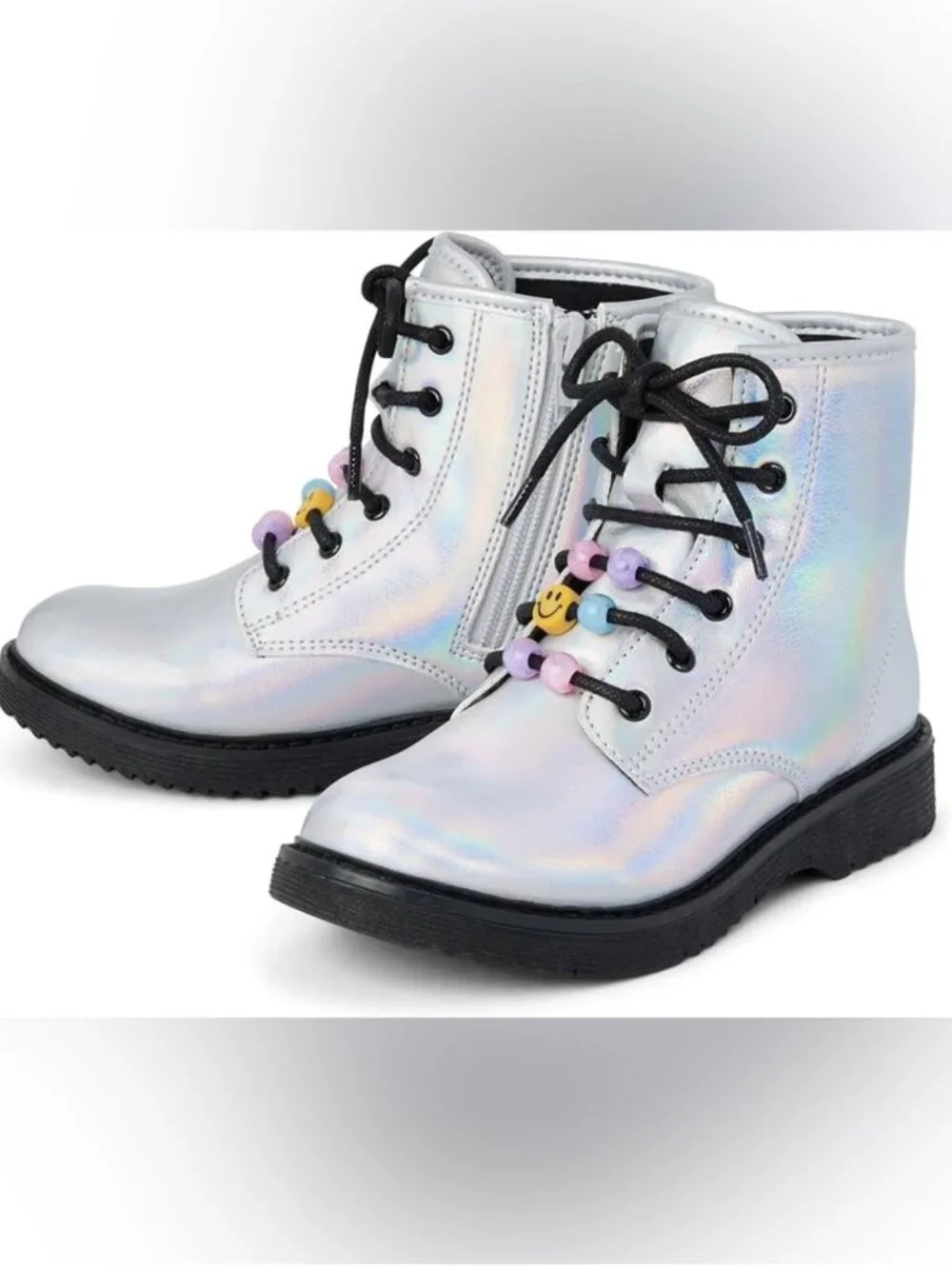 The Children's Place Girls Metallic Silver Combat Boots Lace Up Big Kid Size 6